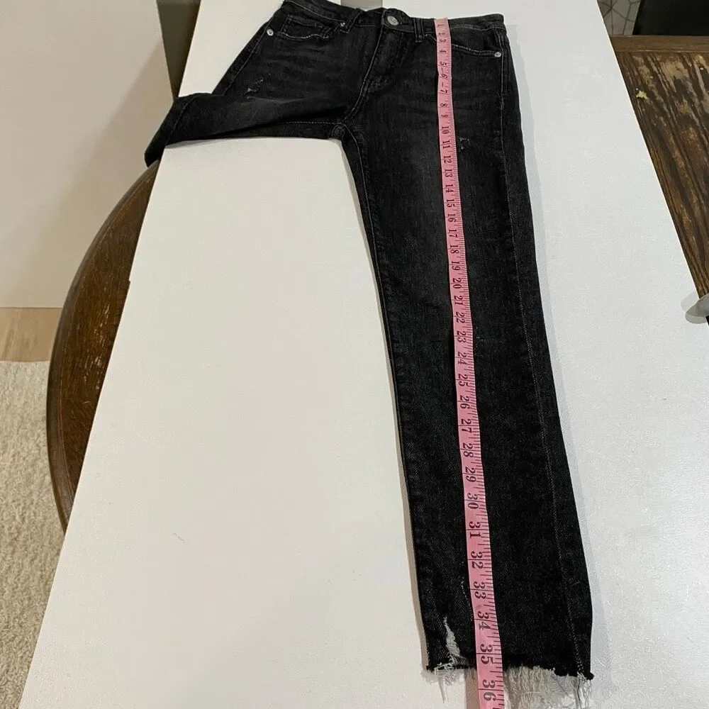 Risen Mid Rise Raw Hem Skinny Jeans Black Wash Size 27/5